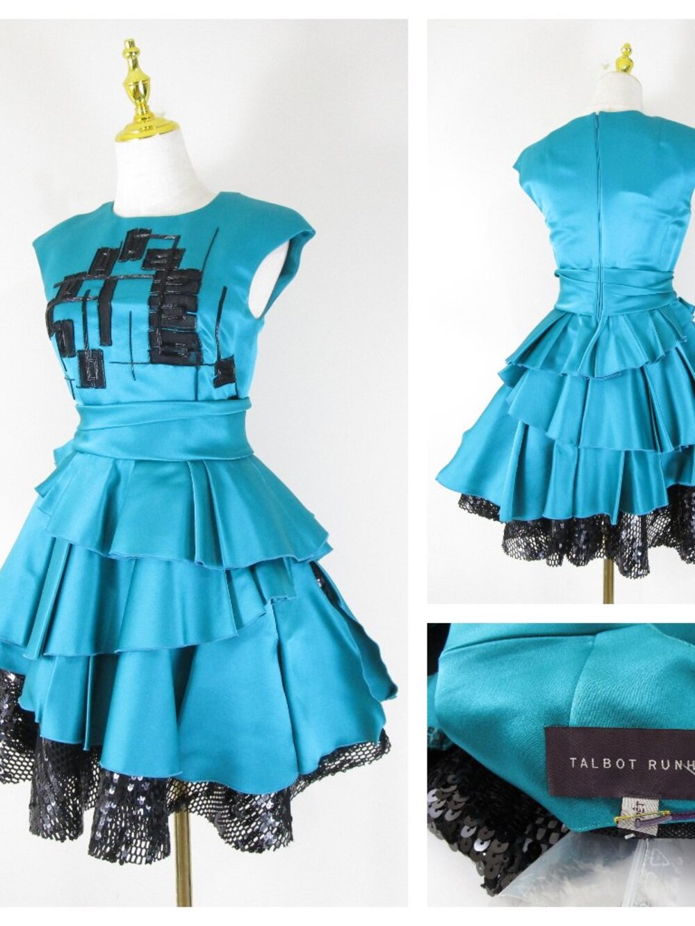 Talbot Runhof Teal Black Beaded Embellished Sequin Fit Flare Formal Dress US 4